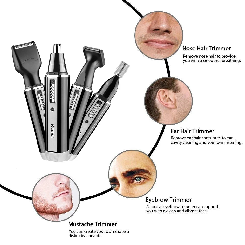 Rechargeable 4in1 Multifunctional Trimmer for Men Painless Nose Ear Eyebrow Beard Hair Removal with LED Light Cordles