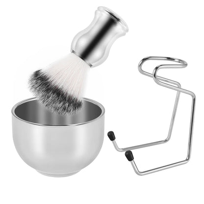 Shaving Set Soap Bowl + Shaving Brush + Stand Holder, Stainless Steel + Nylon Brush Kit Pure Hair Shaving Brush Kit