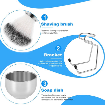 Shaving Set Soap Bowl + Shaving Brush + Stand Holder, Stainless Steel + Nylon Brush Kit Pure Hair Shaving Brush Kit