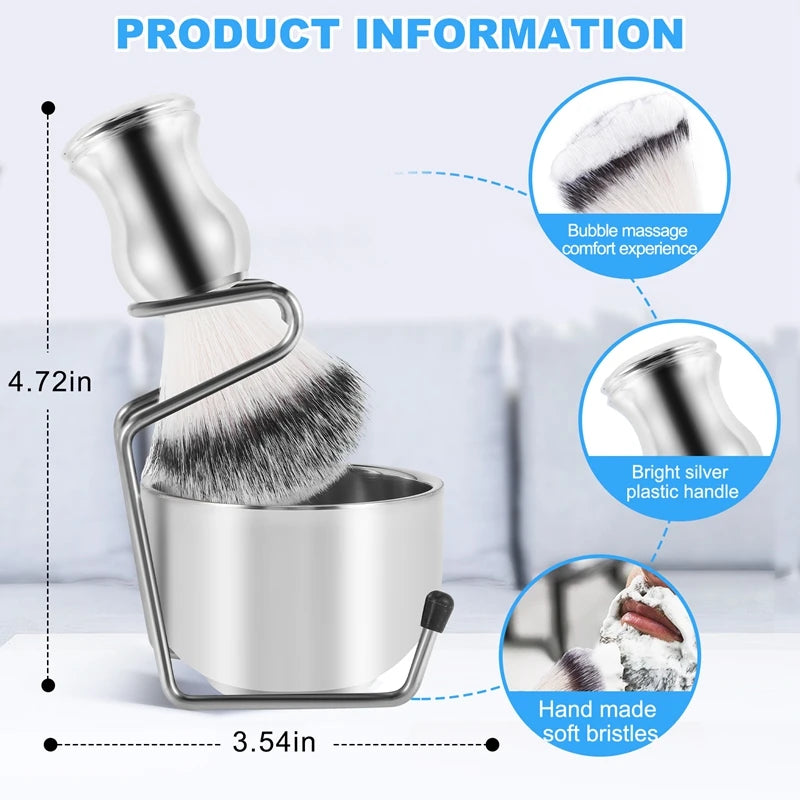 Shaving Set Soap Bowl + Shaving Brush + Stand Holder, Stainless Steel + Nylon Brush Kit Pure Hair Shaving Brush Kit