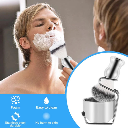 Shaving Set Soap Bowl + Shaving Brush + Stand Holder, Stainless Steel + Nylon Brush Kit Pure Hair Shaving Brush Kit